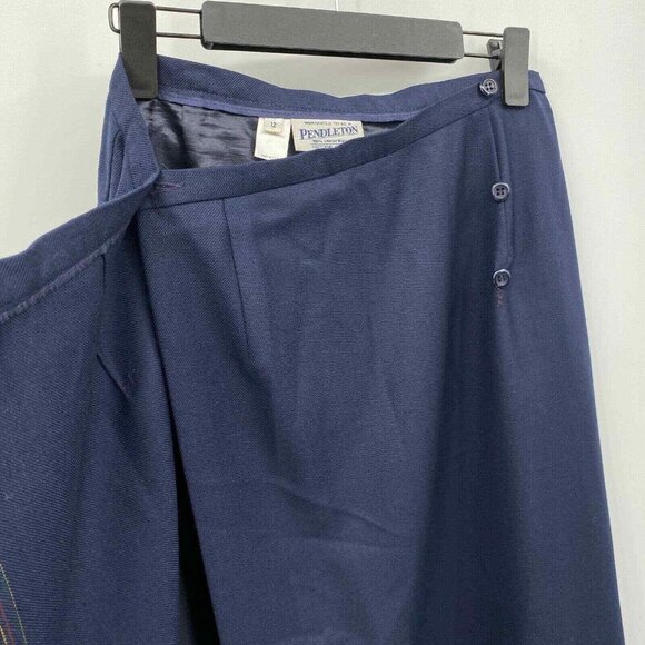Pendleton Wrap Midi Skirt Womens 12 Navy Blue Tartan Wool Embroidered Detailing - Picture 6 of 10